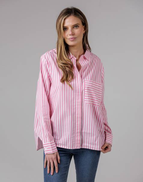 French Connection Cotton relaxed-fit long sleeve striped popover high-low hem shirt in pink - view 1