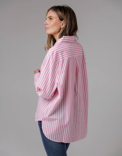 French Connection Cotton relaxed-fit long sleeve striped popover high-low hem shirt in pink, 2 of 4