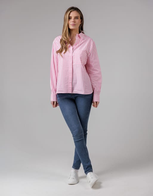 French Connection Cotton relaxed-fit long sleeve striped popover high-low hem shirt in pink, 3 of 4