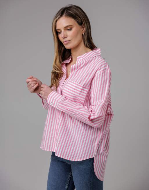 French Connection Cotton relaxed-fit long sleeve striped popover high-low hem shirt in pink, 4 of 4