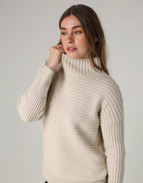 French Connection Cotton ribbed knit high neck jumper in cream - view 1