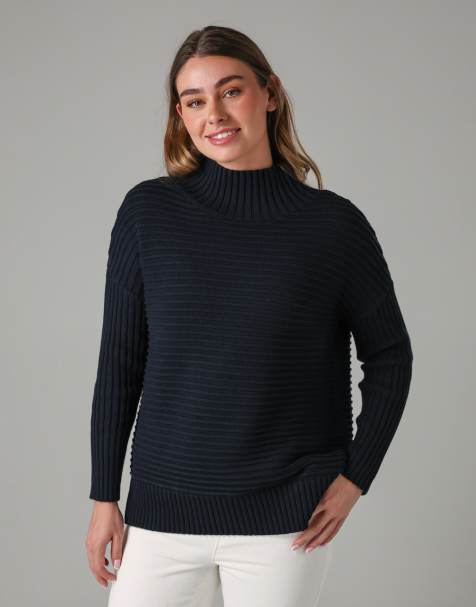 French Connection Cotton ribbed knit high neck jumper in navy - view 1