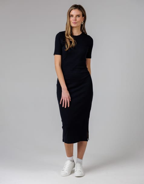 French Connection Cotton ribbed short sleeve bodycon midi dress in navy