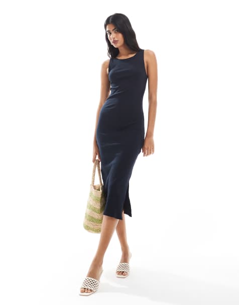 French Connection Cotton ribbed sleeveless bodycon midi dress in navy - view 1