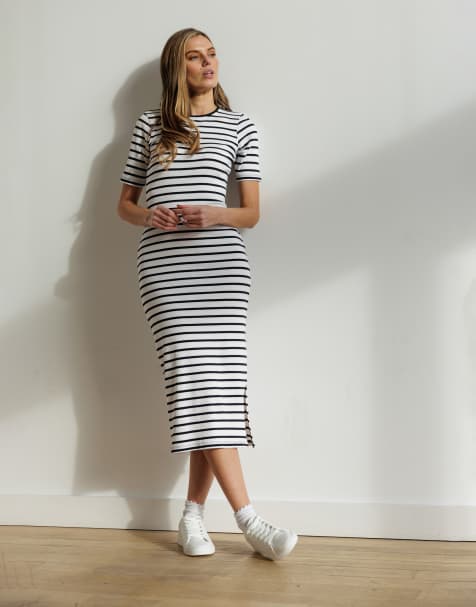 French Connection Cotton ribbed striped short sleeve bodycon midi dress in white