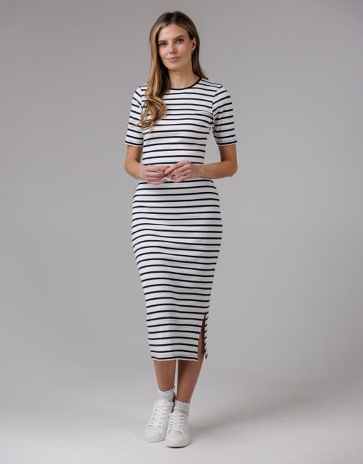 French Connection Cotton ribbed striped short sleeve bodycon midi dress in white, 2 of 4