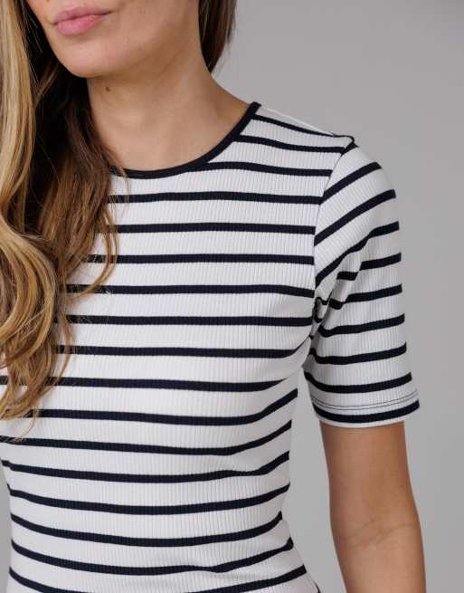 French Connection Cotton ribbed striped short sleeve bodycon midi dress in white, 3 of 4
