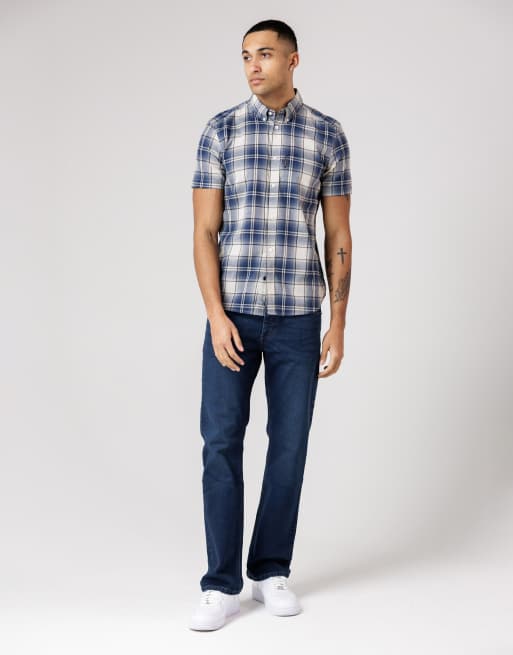 French Connection Cotton short sleeve checked chest pocket shirt in blue, 3 of 4