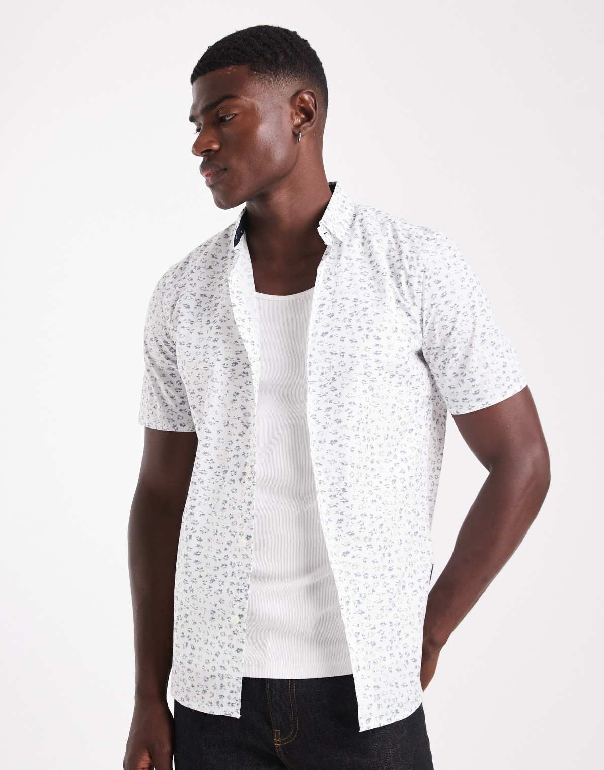 French Connection Cotton short sleeve floral shirt in white