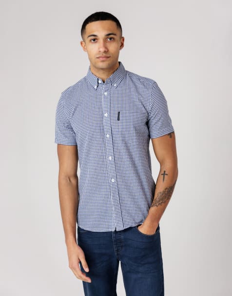 French Connection Cotton short sleeve gingham chest pocket shirt in blue