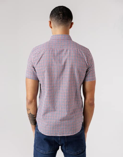French Connection Cotton short sleeve gingham chest pocket shirt in red, 4 of 4