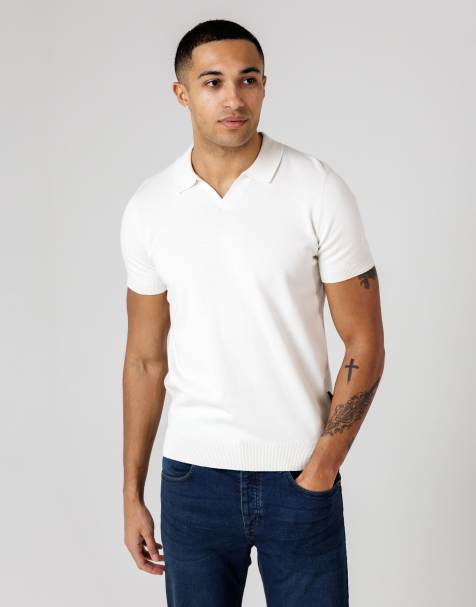 French Connection Cotton short sleeve open collar polo shirt in ecru - view 1