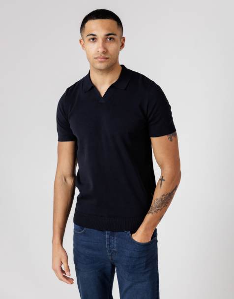 French Connection Cotton short sleeve open collar polo shirt in navy - view 1