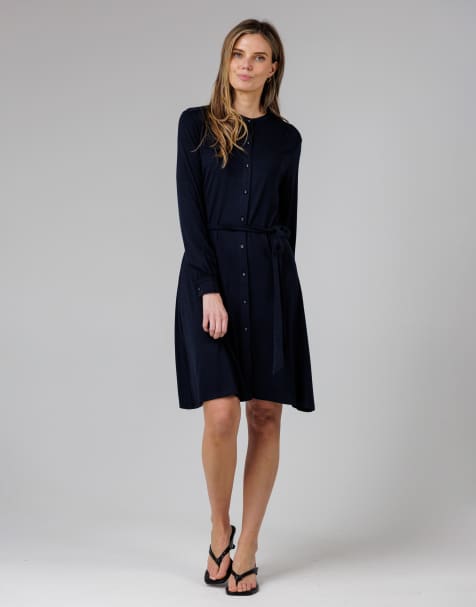 French Connection Cotton stretch grandad collar long balloon sleeve button self-tie midi dress in navy