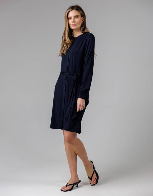 French Connection Cotton stretch grandad collar long balloon sleeve button self-tie midi dress in navy, 2 of 4