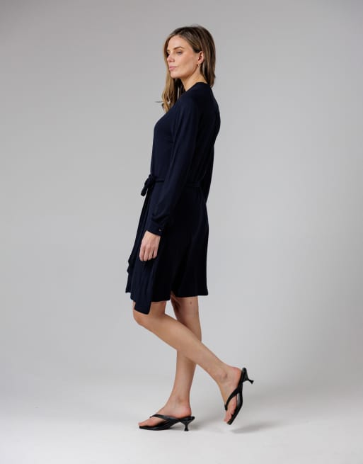 French Connection Cotton stretch grandad collar long balloon sleeve button self-tie midi dress in navy, 3 of 4