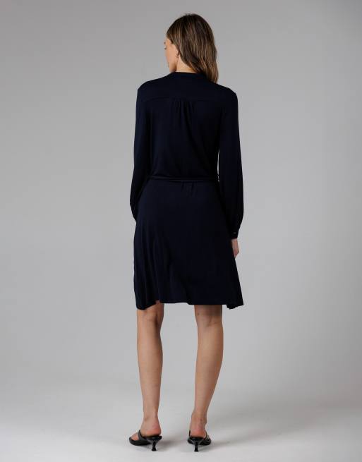 French Connection Cotton stretch grandad collar long balloon sleeve button self-tie midi dress in navy, 4 of 4