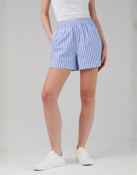 French Connection Cotton striped elasticated waist shorts in blue - view 1