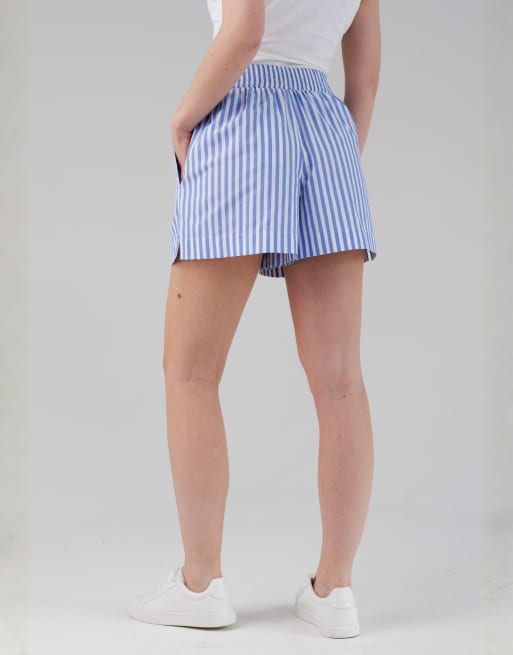 French Connection Cotton striped elasticated waist shorts in blue, 3 of 4
