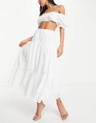 French Connection French Connection cotton tiered maxi skirt in white embroidery - WHITE