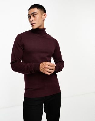 French Connection cotton roll neck jumper in burgundy - ASOS Price Checker