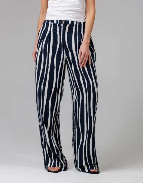 French Connection Cotton vertical stripe wide leg relaxed fit trousers in navy - view 1