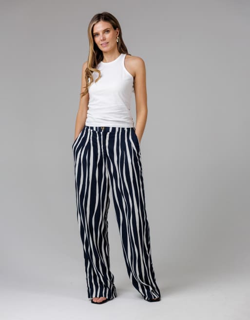 French Connection Cotton vertical stripe wide leg relaxed fit trousers in navy, 3 of 4