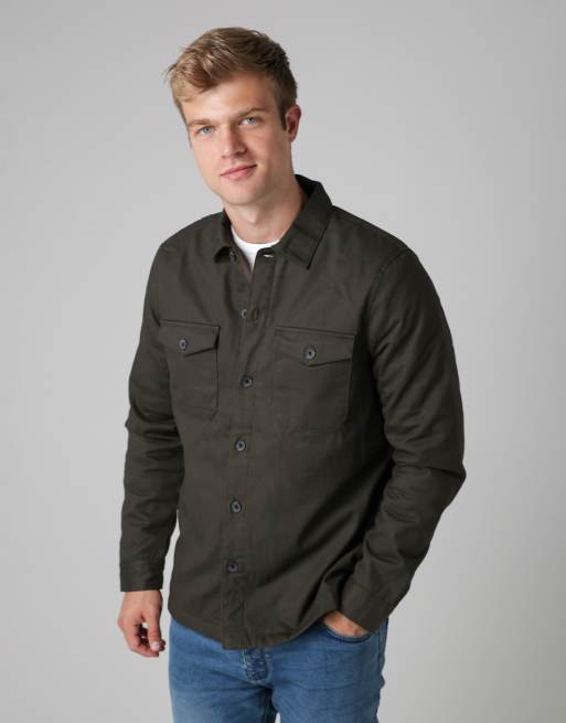 French Connection Cotton worker-style button overshirt in khaki, 4 of 5