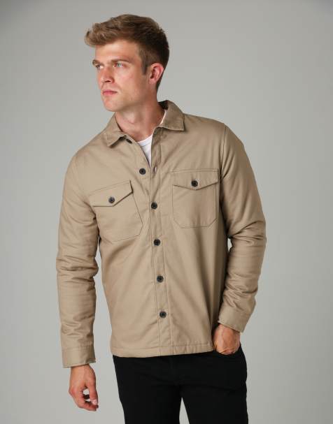 French Connection Cotton worker-style button overshirt in stone - view 1