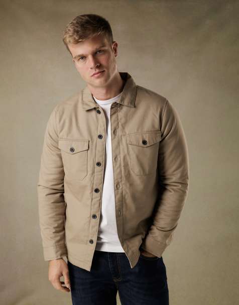 French Connection Cotton worker-style button overshirt in stone - view 1