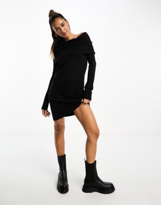 cowl neck knit midi dress in black