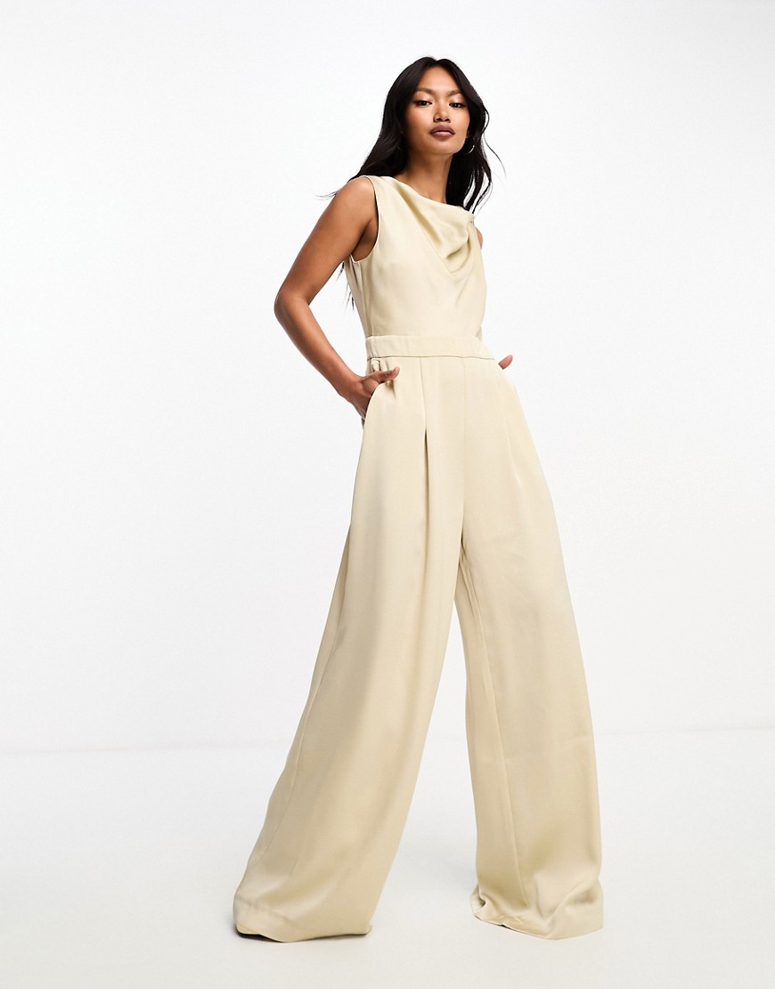 French Connection cowl neck wide leg jumpsuit in beige-Neutral