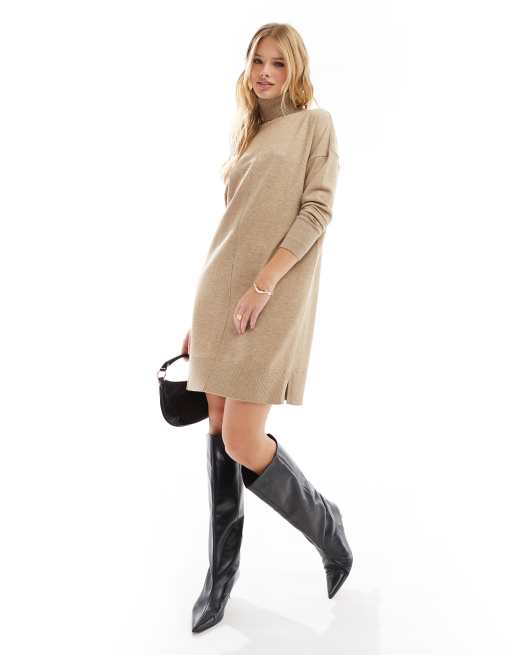 French Connection cozy turtleneck knit mini dress in light oatmeal