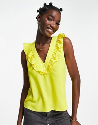 French Connection crepe light v neck ruffle top in yellow