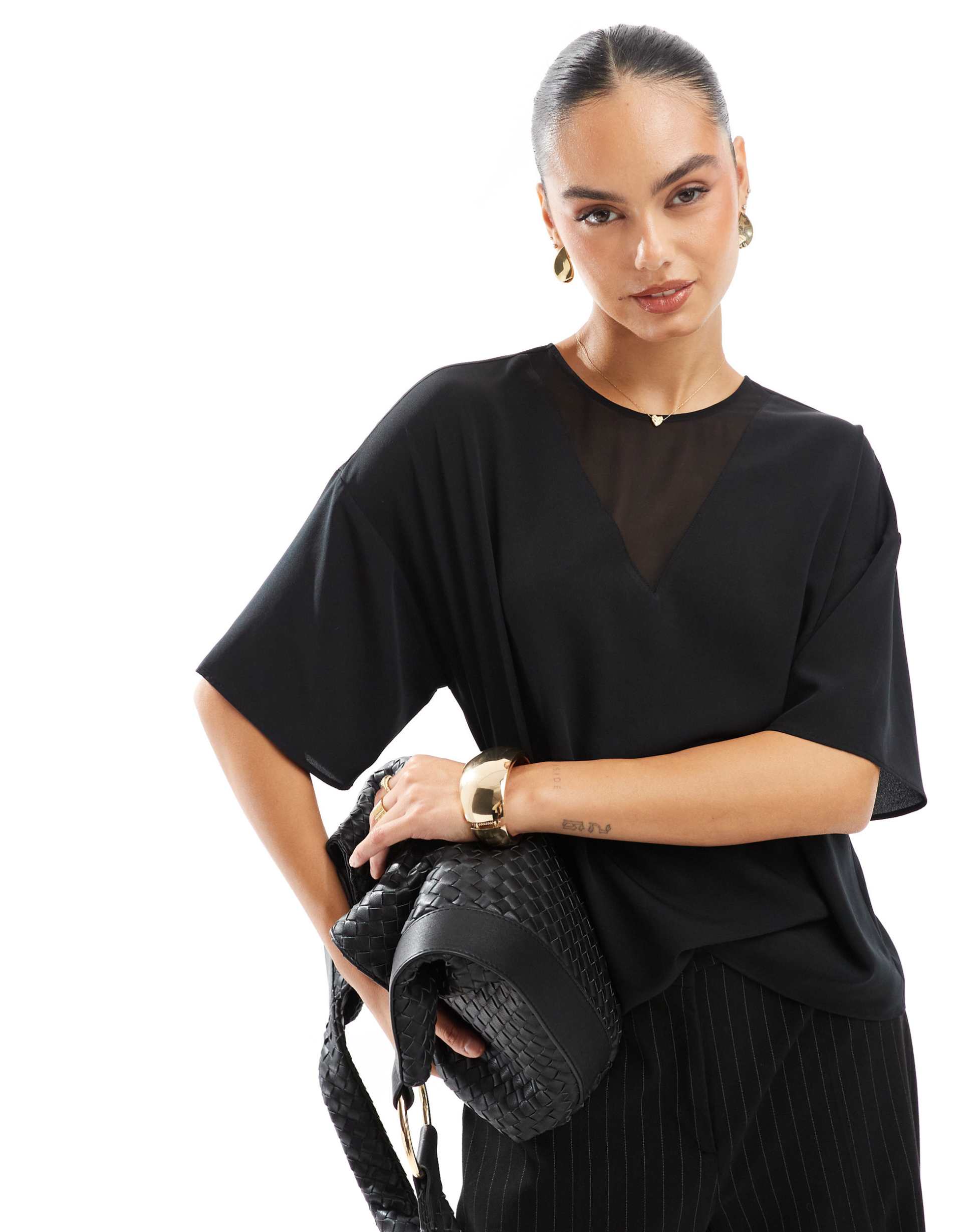french connection crepe top with sheer detail in black