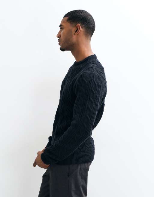 French Connection crew neck cable knit jumper in navy, 3 of 5