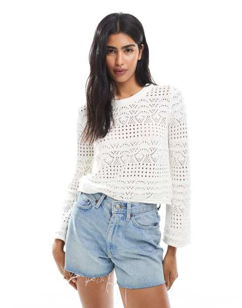 French Connection Crew neck long sleeve crochet bobble knit jumper in off white