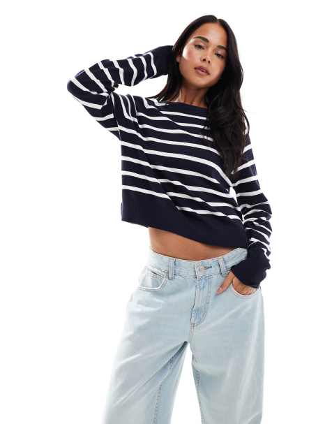 French Connection Crew neck long sleeve striped knit jumper in navy