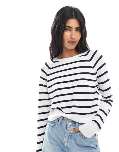 French Connection Crew neck long sleeve striped knit jumper in off white