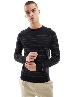 French Connection crew neck sweater in gray and navy stripe-Multi