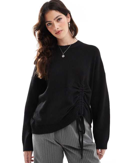 French Connection crew neck sweater with ruched tie front in black ASOS