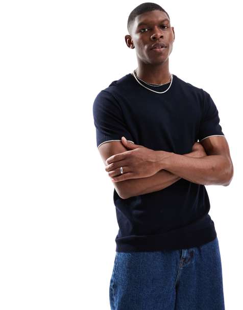 French Connection crew neck tipped knitted t-shirt in navy and ecru - view 1