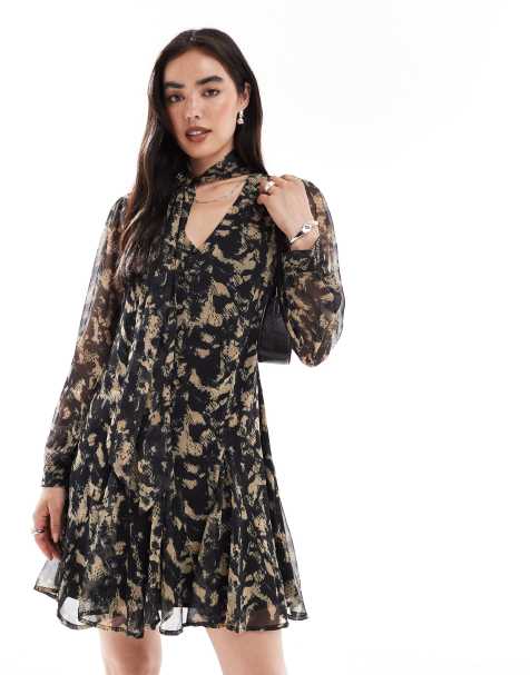 French Connection crinkle chiffon mini dress with tie neck in multi - view 1