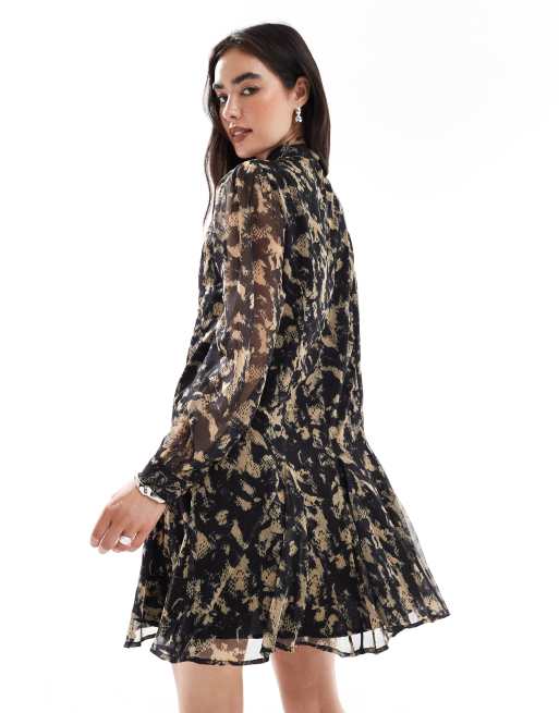 French Connection crinkle chiffon mini dress with tie neck in multi, 4 of 4