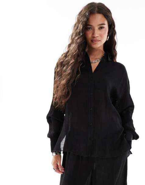French Connection crinkle satin relaxed shirt  co-ord in black - view 1