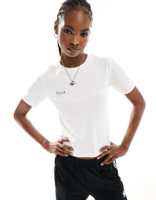 French Connection - Cropped, aansluitend T-shirt met 'fcuk'-print in wit
