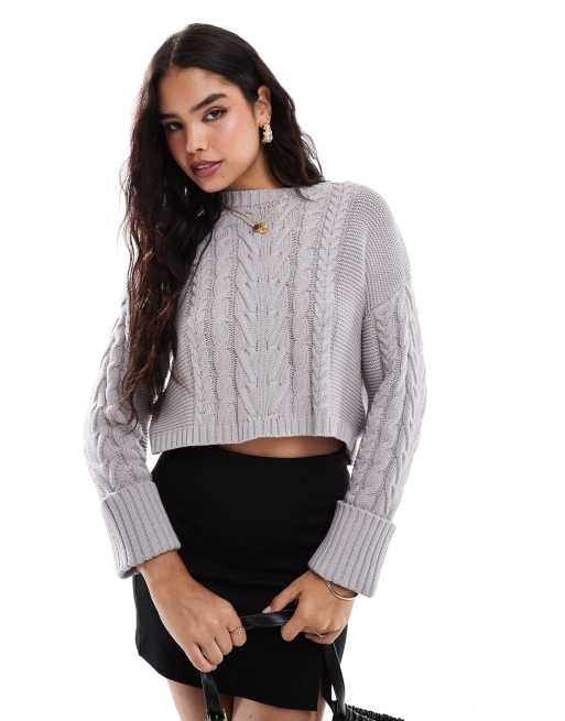 French Connection cropped cable knit sweater in light gray 