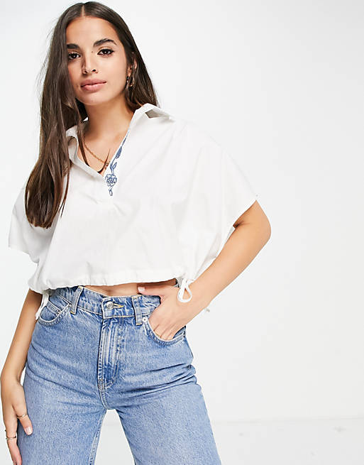 French Connection cropped embroidered detail top in white