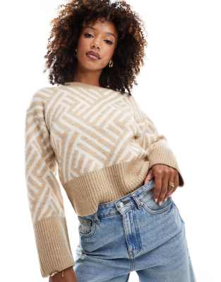 French Connection Cropped Knit Sweater In Pattern In Cream And Taupe-multi