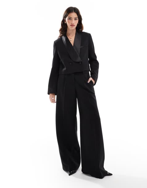 French Connection cropped satin suit co-ord in black - view 1